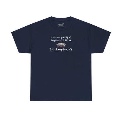 Navy blue t-shirt with oyster graphic and text "latitude and longitude - Southampton NY"