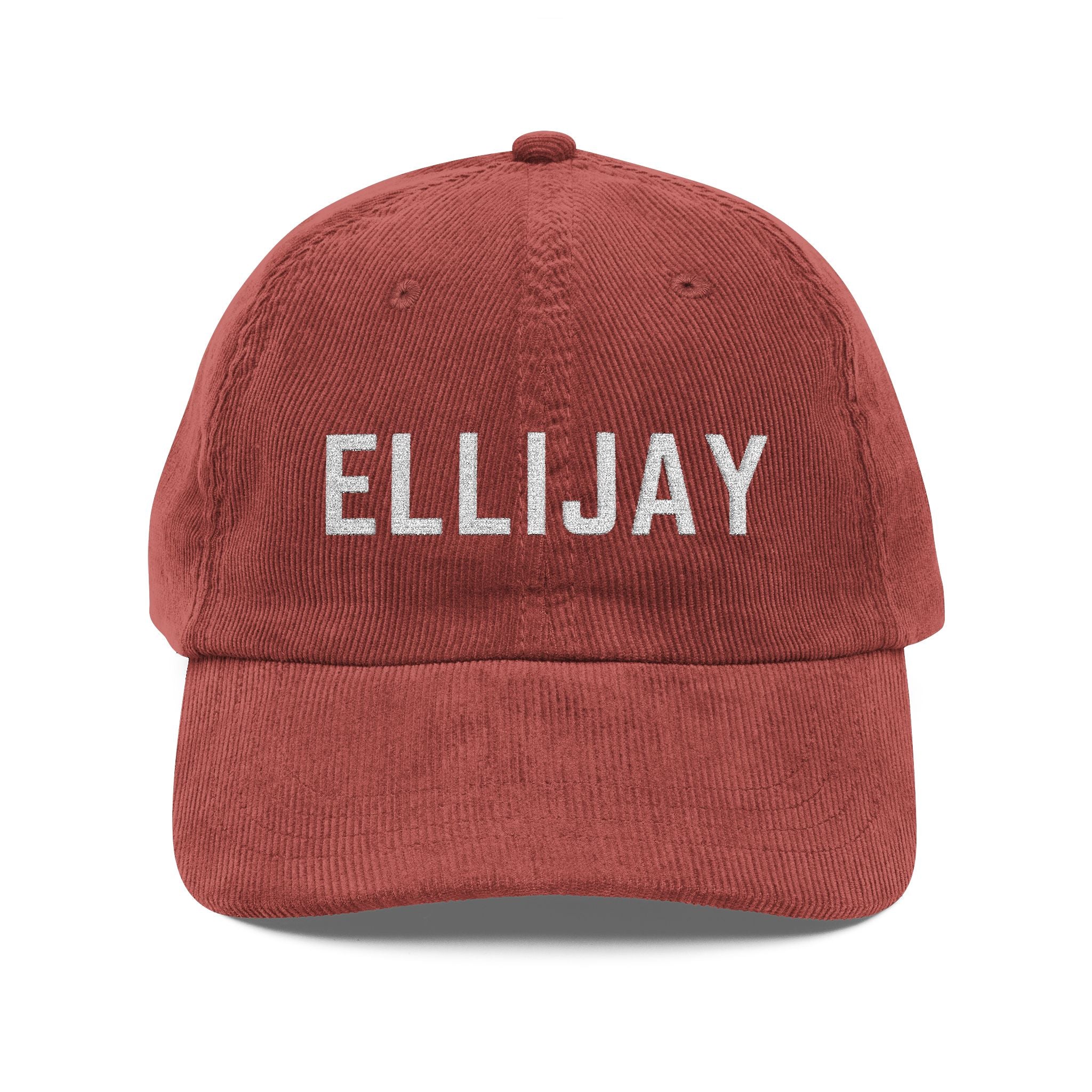 Burgundy red corduroy hat with ELLIJAY embroidered in white by 515Gear.com