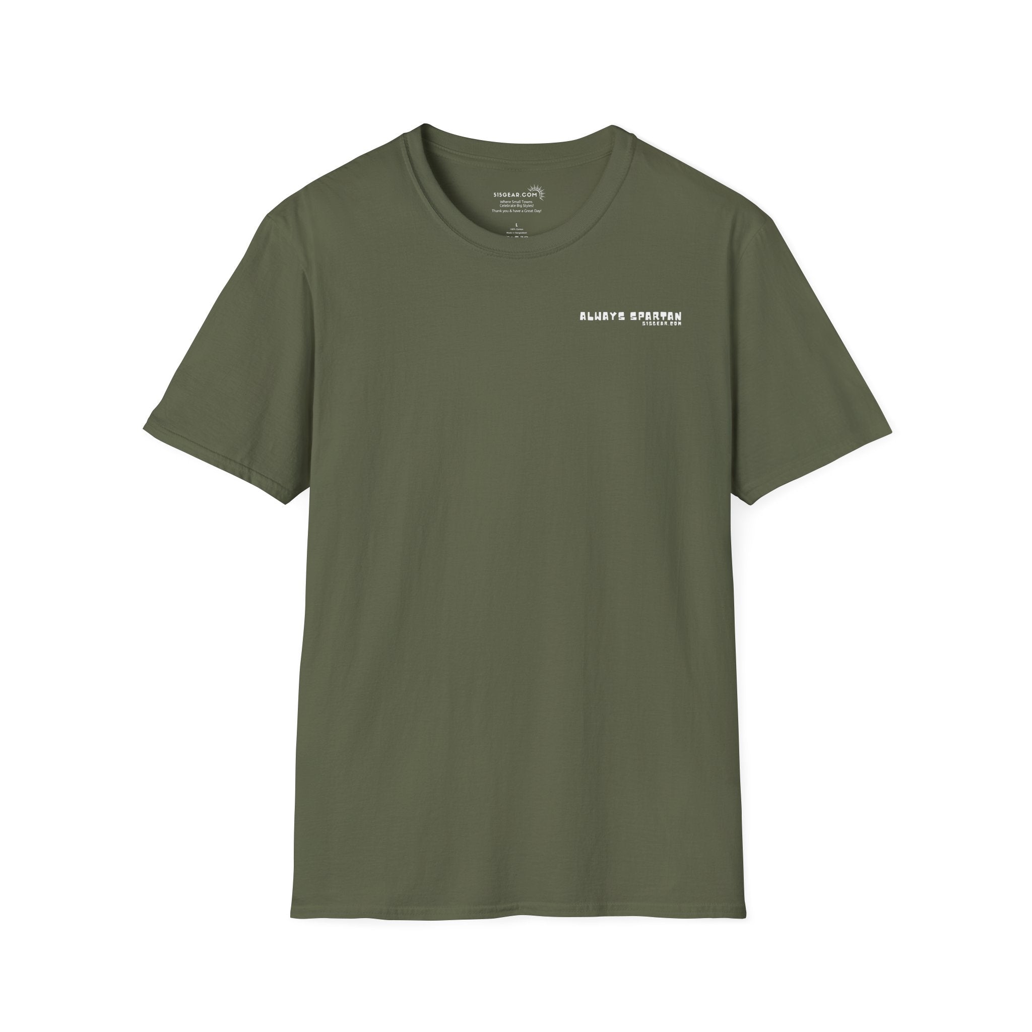 Green t-shirt with a cartoon Sparty peeing with text Always Spartan
