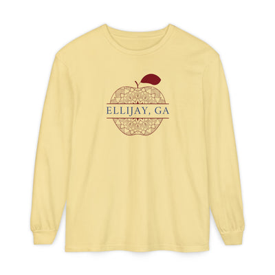 Yellow Comfort Color long sleeve t-shirt with a red apple design and 'Eliijay, GA' text 