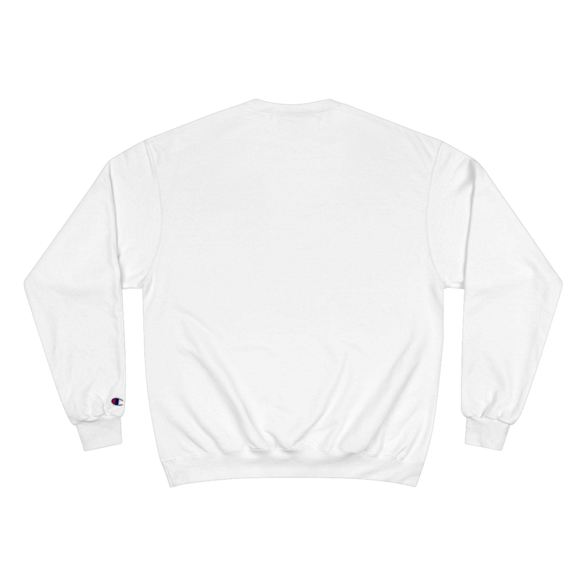 White sweatshirt with a brand logo on the sleeve against a white background