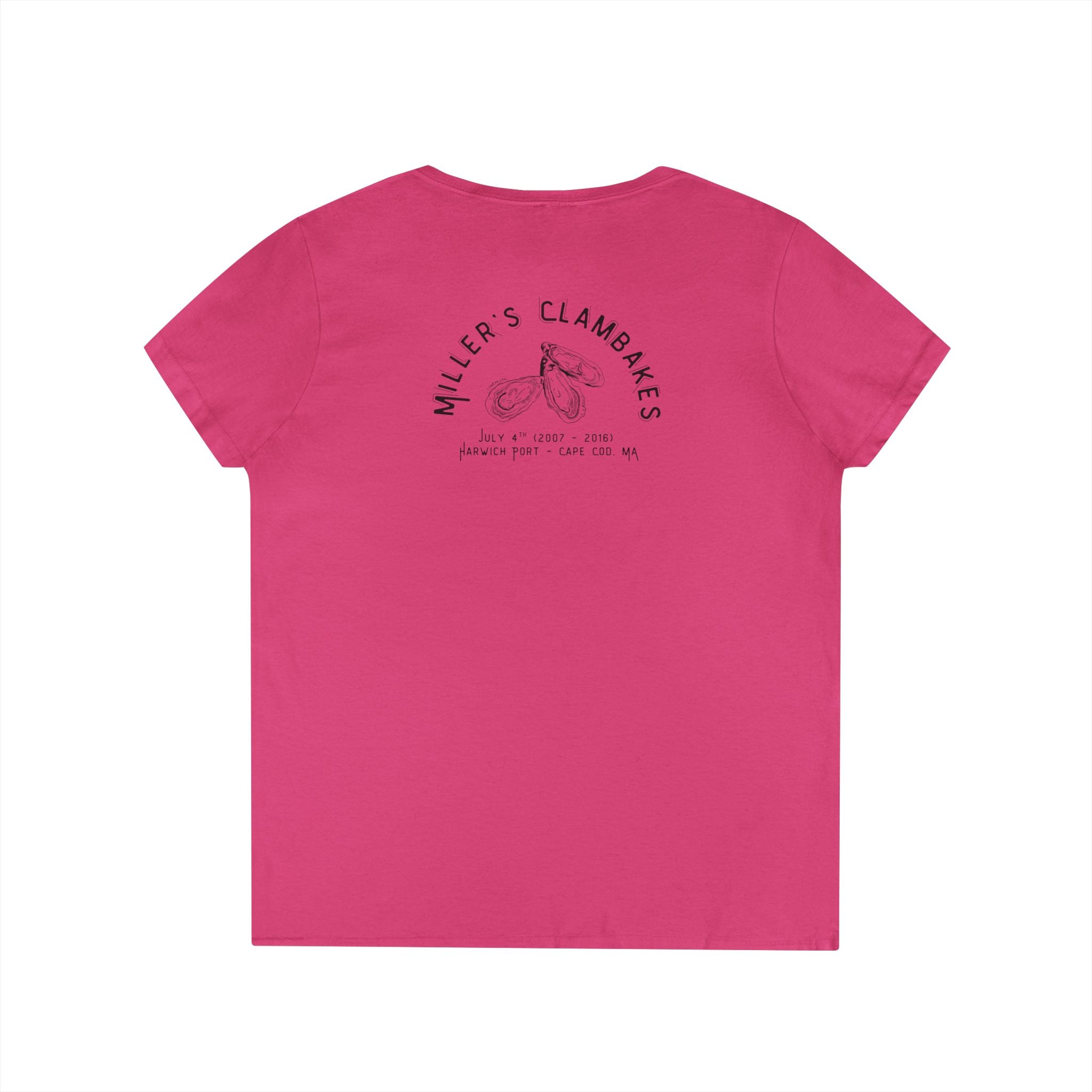 Pink v-neck t-shirt with Oyster shell graphic and text Miller's Clambakes on the back