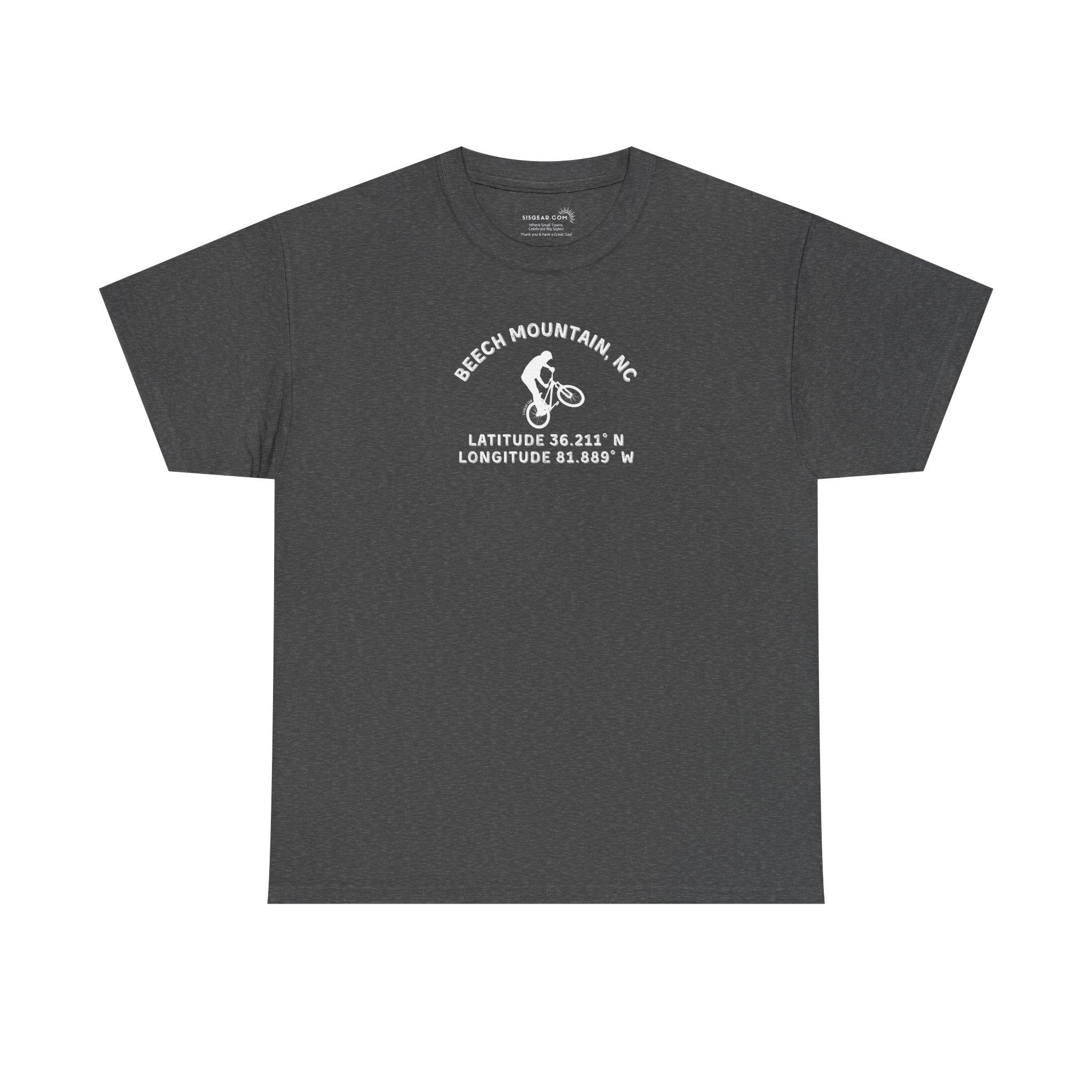 Dark gray t-shirt with mountain bike graphic and text "Beech Mountain, NC" along with Latitude and Longitude" coordinates