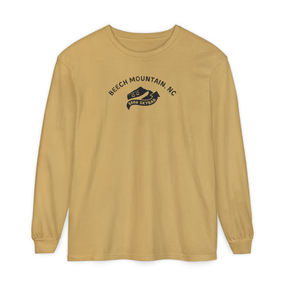 Mustard Comfort Colors long-sleeve t-shirt with 'Beech Mountain, NC - 5506 Skybar' text and mountain lift graphic