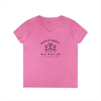 Women’s V-Neck T-shirt, Roots & Shoots, Garden shovel root leaf graphic, 515Gear.com | Blue Ridge, GA | celebrate gardening