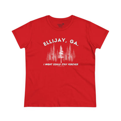 Women's semi-fitted t-shirt by 515 Gear | Ellijay, GA | 'I might could stay forever' forest graphic 