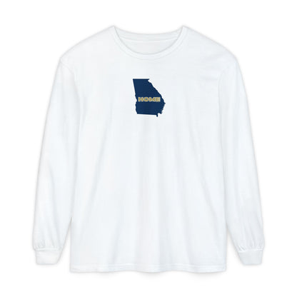 White Comfort Colors unisex Georgia pride long-sleeve tee in school colors; State of Georgia graphic with text 'HOME'