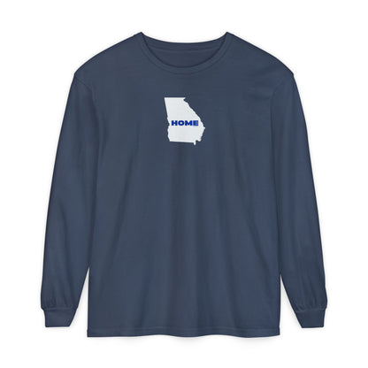Navy blue Comfort Colors unisex heavy weight 100% cotton Georgia pride long-sleeve tee in school colors; State of Georgia graphic with text 'HOME'
