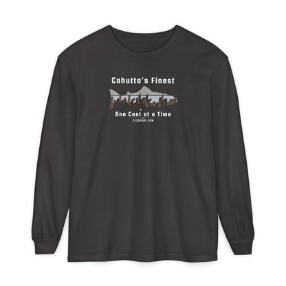 Charcol long-sleeve shirt with a fishing-themed design saying Cohutta's finest One Cast at a Time by 515Gear.com