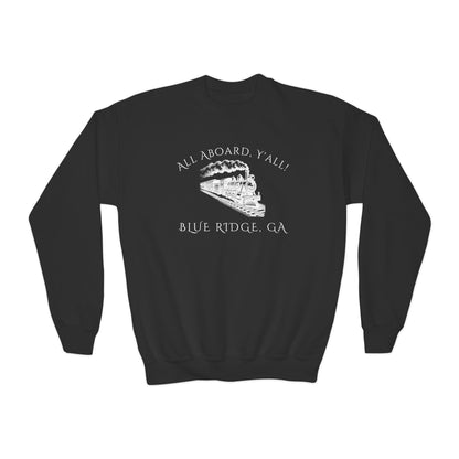 Black kids sweatshirt with train graphic and text "All Aboard, Y'all - Blue Ridge, GA" by 515Gear.com