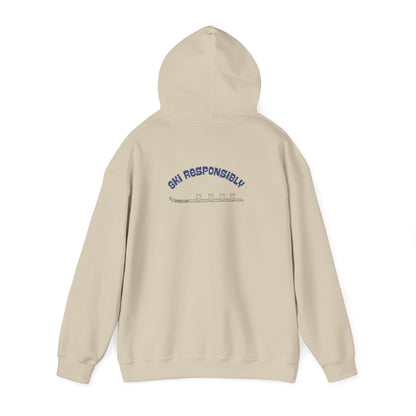 Beige hoodie text on the back "Ski Responsibly" and graphic of a Shotski