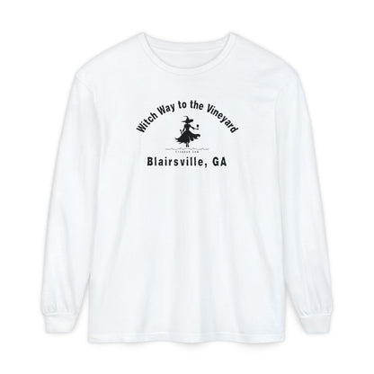 White long sleeve t-shirt with sassy witch graphic holding a glass of wine and text "Witch Way to the Vineyard - Blairsville  GA" by 515Gear.com
