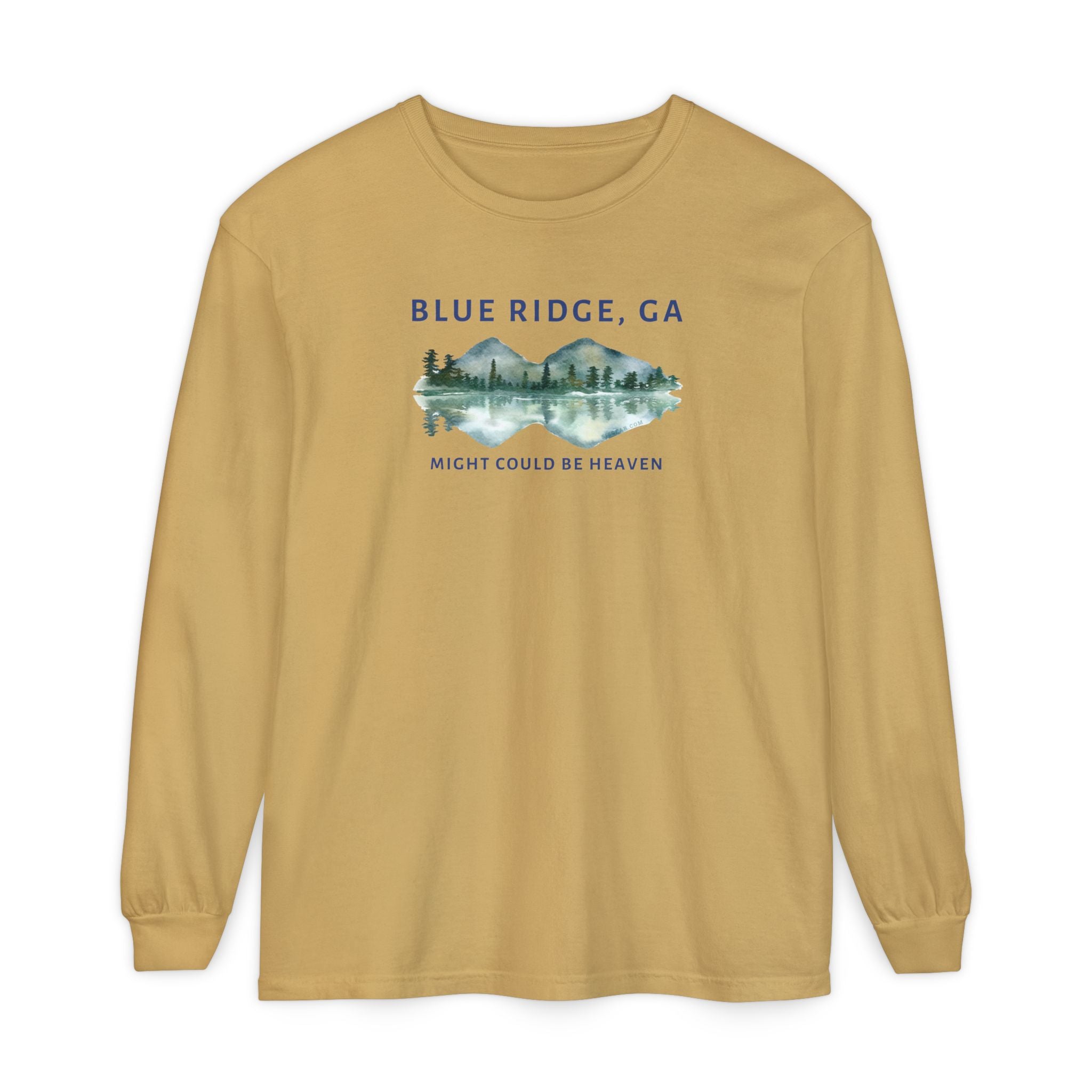 Mustard Comfort Colors long-sleeve shirt with 'Blue Ridge, GA - Might Could Be Heaven" text and Mountain & Lake graphic