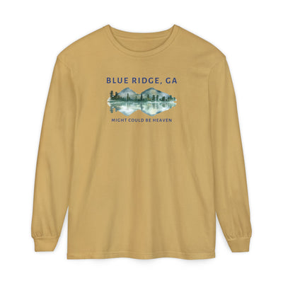 Mustard Comfort Colors long-sleeve shirt with 'Blue Ridge, GA - Might Could Be Heaven" text and Mountain & Lake graphic