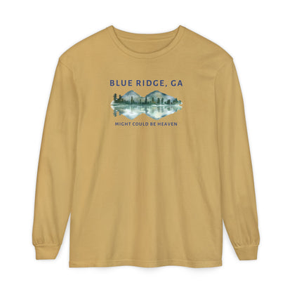 Mustard Comfort Colors long-sleeve shirt with 'Blue Ridge, GA - Might Could Be Heaven" text and Mountain & Lake graphic
