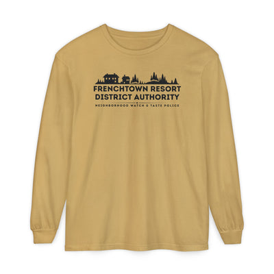 Mustard Comfort Colors long-sleeve tee with text Frenchtown Resort District Authority Neighborhood Watch & Taste Police