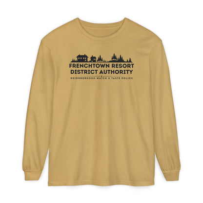 Mustard Comfort Colors long-sleeve tee with text Frenchtown Resort District Authority Neighborhood Watch & Taste Police