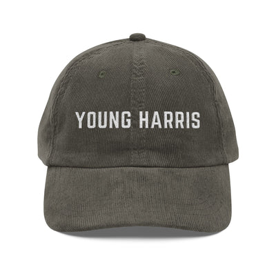 Olive corduroy hat with white 'YOUNG HARRIS' text embroidered by 515Gear.com