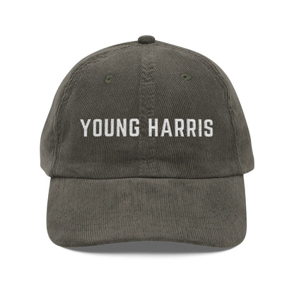 Olive corduroy hat with white 'YOUNG HARRIS' text embroidered by 515Gear.com