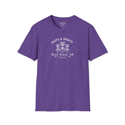 unisex adult T-shirt, Roots & Shoots, Garden shovel root leaf graphic, by 515Gear.com | Blue Ridge, GA | celebrate gardening