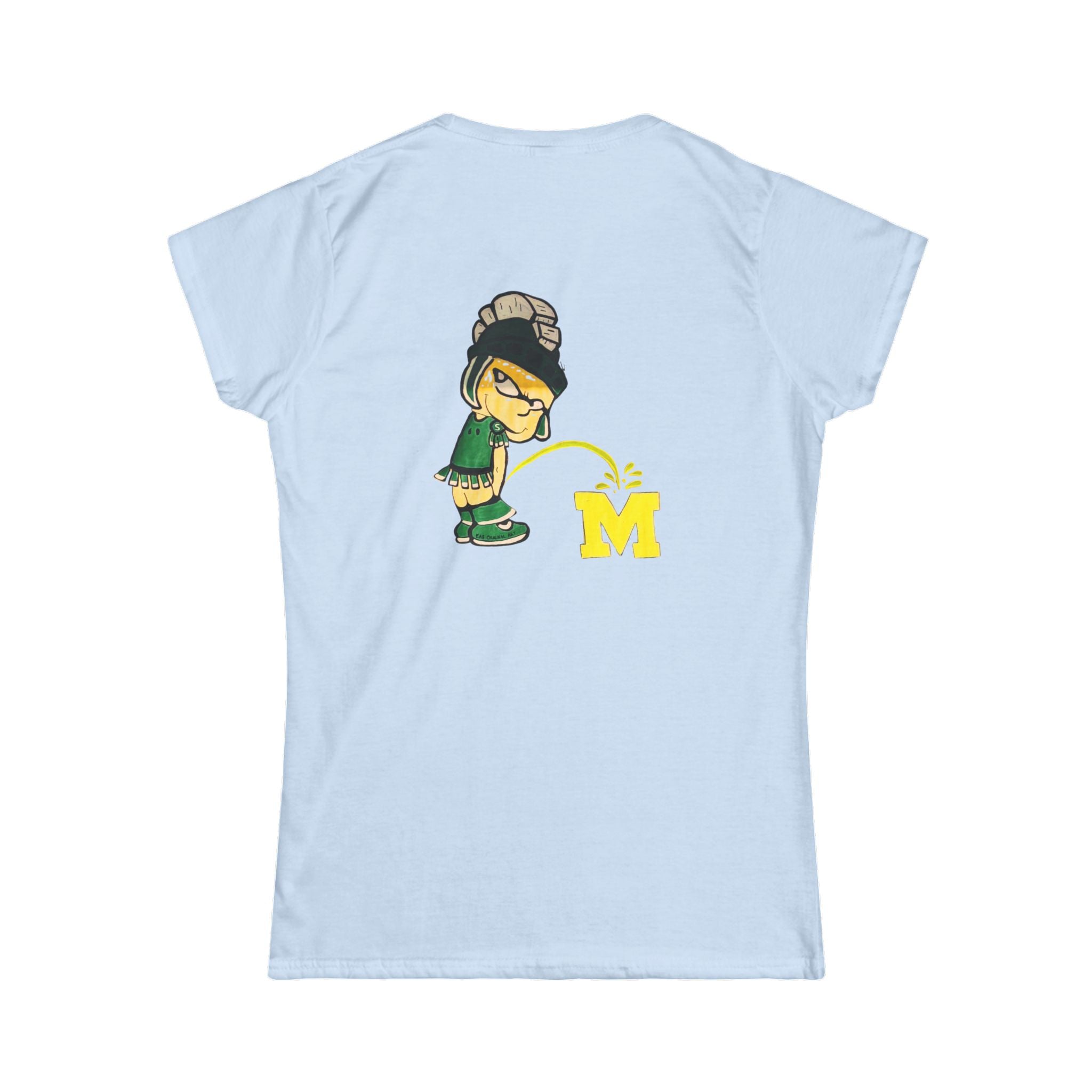 Light blue t-shirt with cartoon character and yellow 'M' logo on a white background