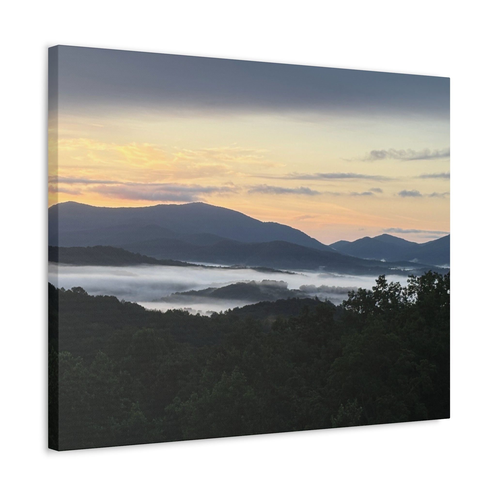 Surreal misty mountain sunrise in the blue ridge mountains canvas wall print on a white wall
