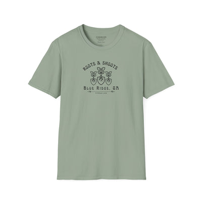 unisex adult T-shirt, Roots & Shoots, Garden shovel root leaf graphic, by 515Gear.com | Blue Ridge, GA | celebrate gardening