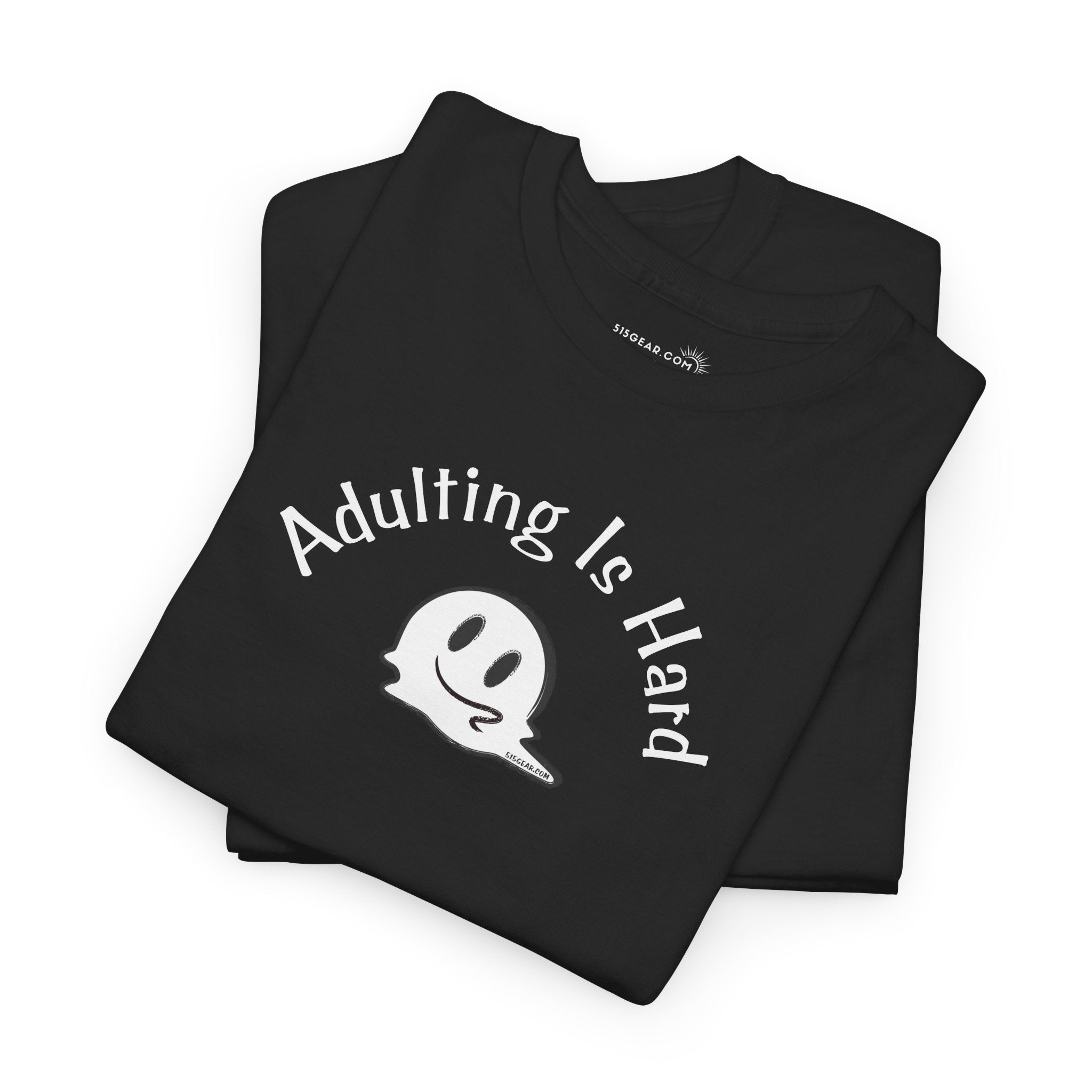 Black t-shirt with 'Adulting is Hard' text and ghost graphic on a white background