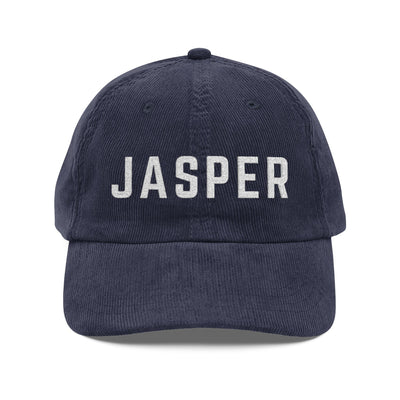 Navy Blue corduroy hat with JASPER embroidered in white by 515Gear.com