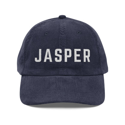 Navy Blue corduroy hat with JASPER embroidered in white by 515Gear.com
