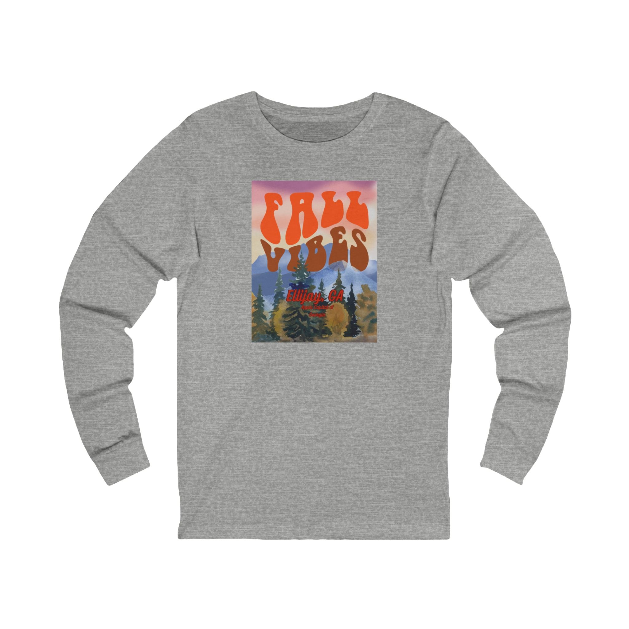 Gray long-sleeve shirt with outdoors graphic and text  'Fall Vibes Ellijay GA - Apple Capital of Georgia" 