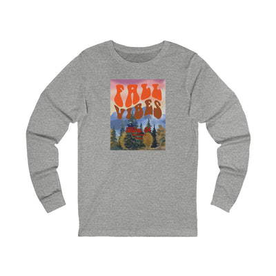 Gray long-sleeve shirt with outdoors graphic and text  'Fall Vibes Ellijay GA - Apple Capital of Georgia" 