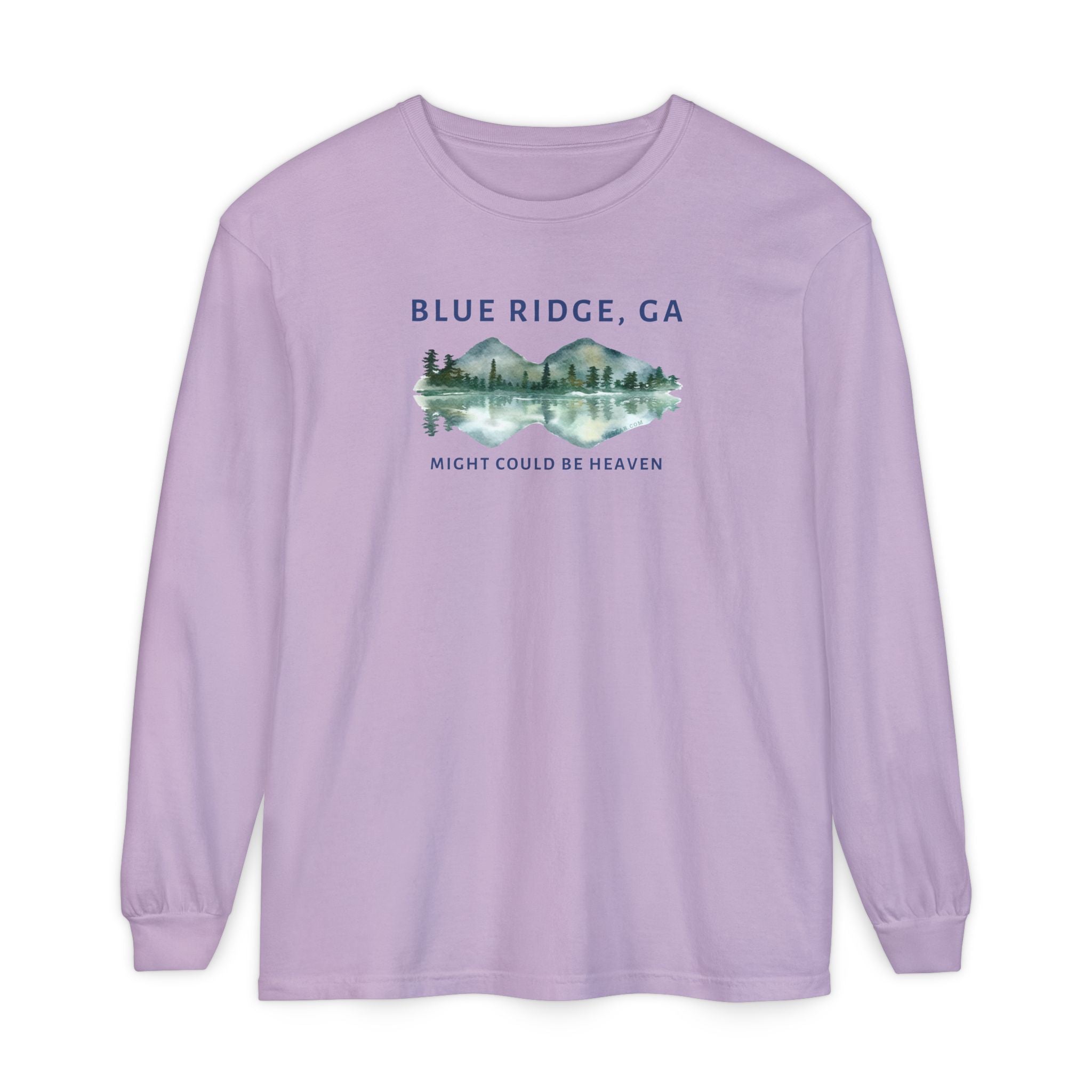 Lavender Comfort Colors long-sleeve shirt with 'Blue Ridge, GA - Might Could Be Heaven" text and Mountain & Lake graphic