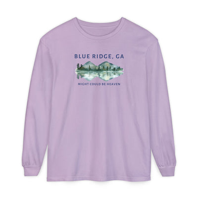 Lavender Comfort Colors long-sleeve shirt with 'Blue Ridge, GA - Might Could Be Heaven" text and Mountain & Lake graphic