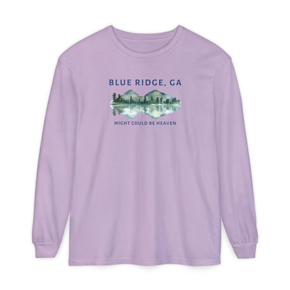 Lavender Comfort Colors long-sleeve shirt with 'Blue Ridge, GA - Might Could Be Heaven" text and Mountain & Lake graphic
