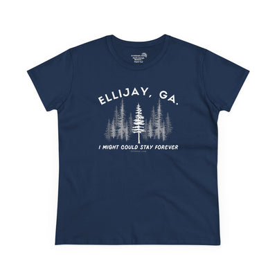 Women's semi-fitted t-shirt by 515 Gear | Ellijay, GA | 'I might could stay forever' forest graphic 