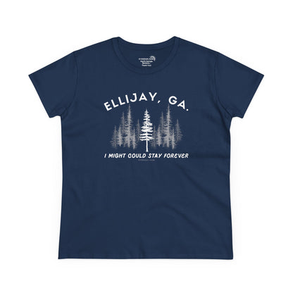 Women's semi-fitted t-shirt by 515 Gear | Ellijay, GA | 'I might could stay forever' forest graphic 