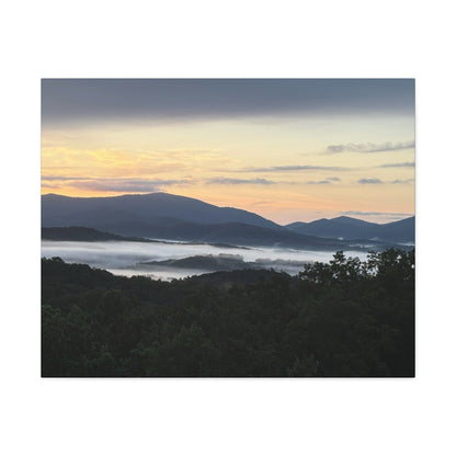 Surreal misty mountain sunrise in the blue ridge mountains canvas wall print on a white wall