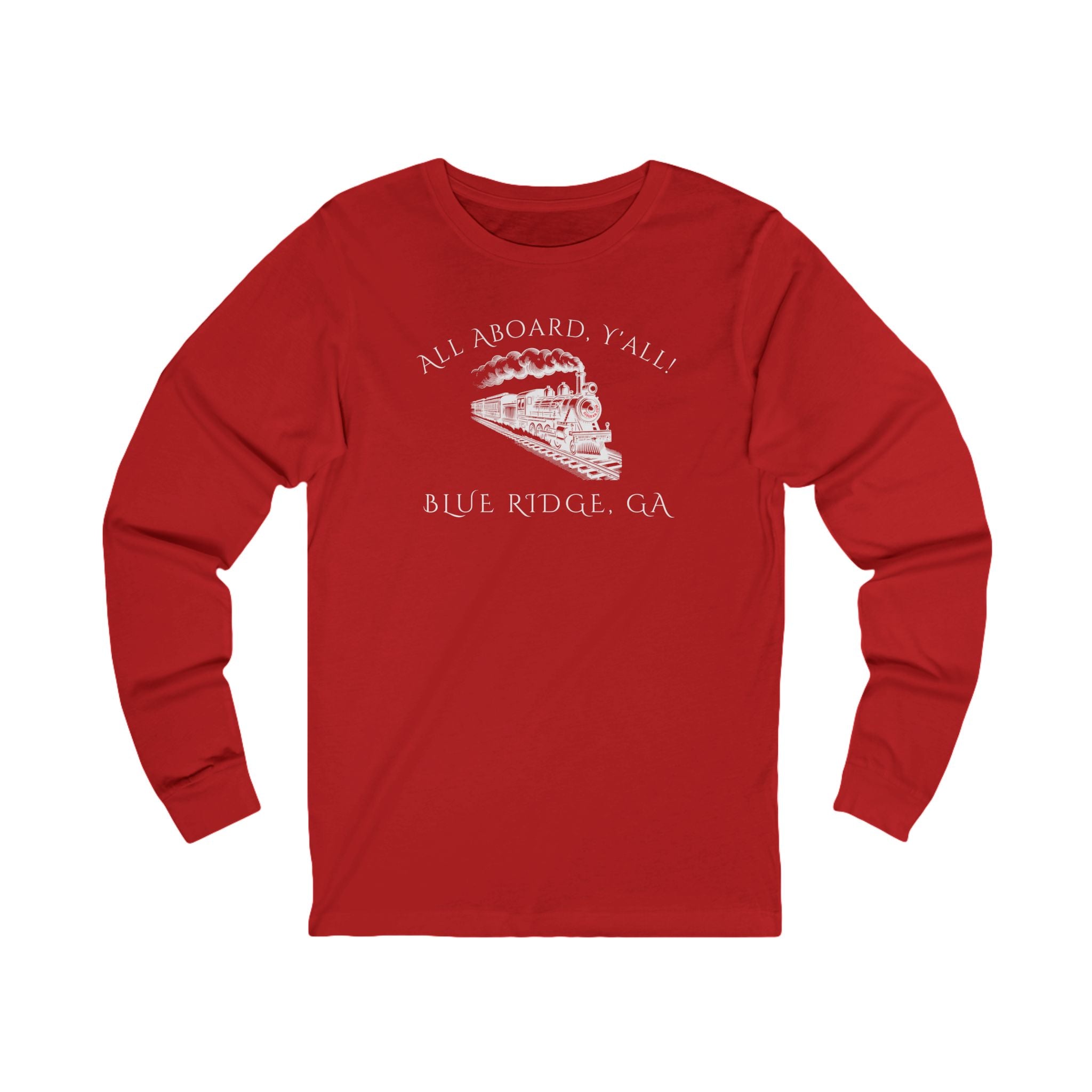 Red long-sleeve shirt with train graphic and text "All Aboard, Y'all - Blue Ridge, GA" 