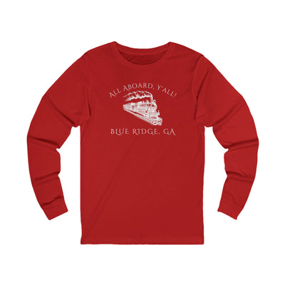 Red long-sleeve shirt with train graphic and text "All Aboard, Y'all - Blue Ridge, GA" 