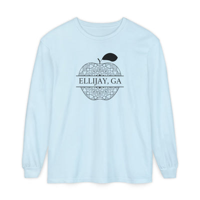 Light Blue Comfort Color long sleeve t-shirt with an apple design and 'Eliijay, GA' text 