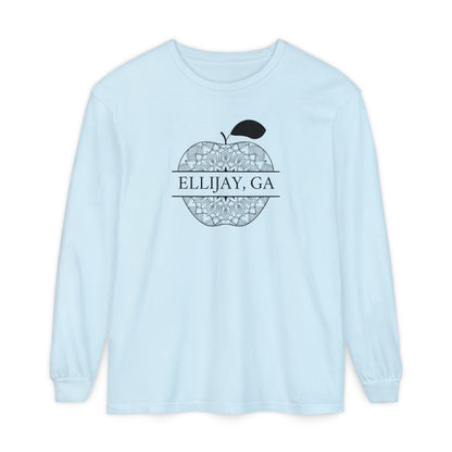 Light Blue Comfort Color long sleeve t-shirt with an apple design and 'Eliijay, GA' text 