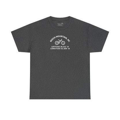 Dark gray t-shirt with mountain bike graphic and text "Beech Mountain, NC - Latitude and Longitude" coordinates