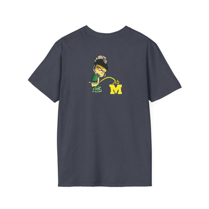 Gray t-shirt with cartoon Sparty peeing with text Always Spartan