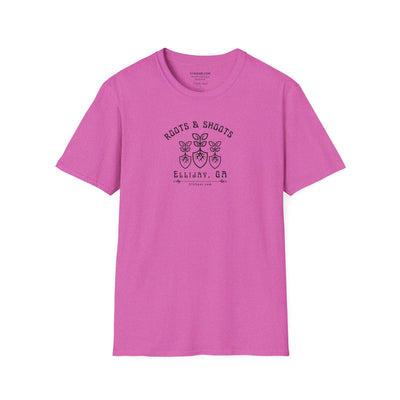 unisex adult T-shirt, Roots & Shoots, Garden shovel root leaf graphic, 515Gear.com | Ellijay, GA | celebrate gardening
