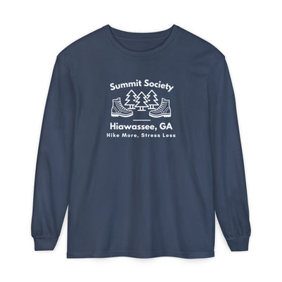 Long-sleeve t-shirt, 'Summit Society Hiawassee, GA Hike More, Stress Less' printed on the front.