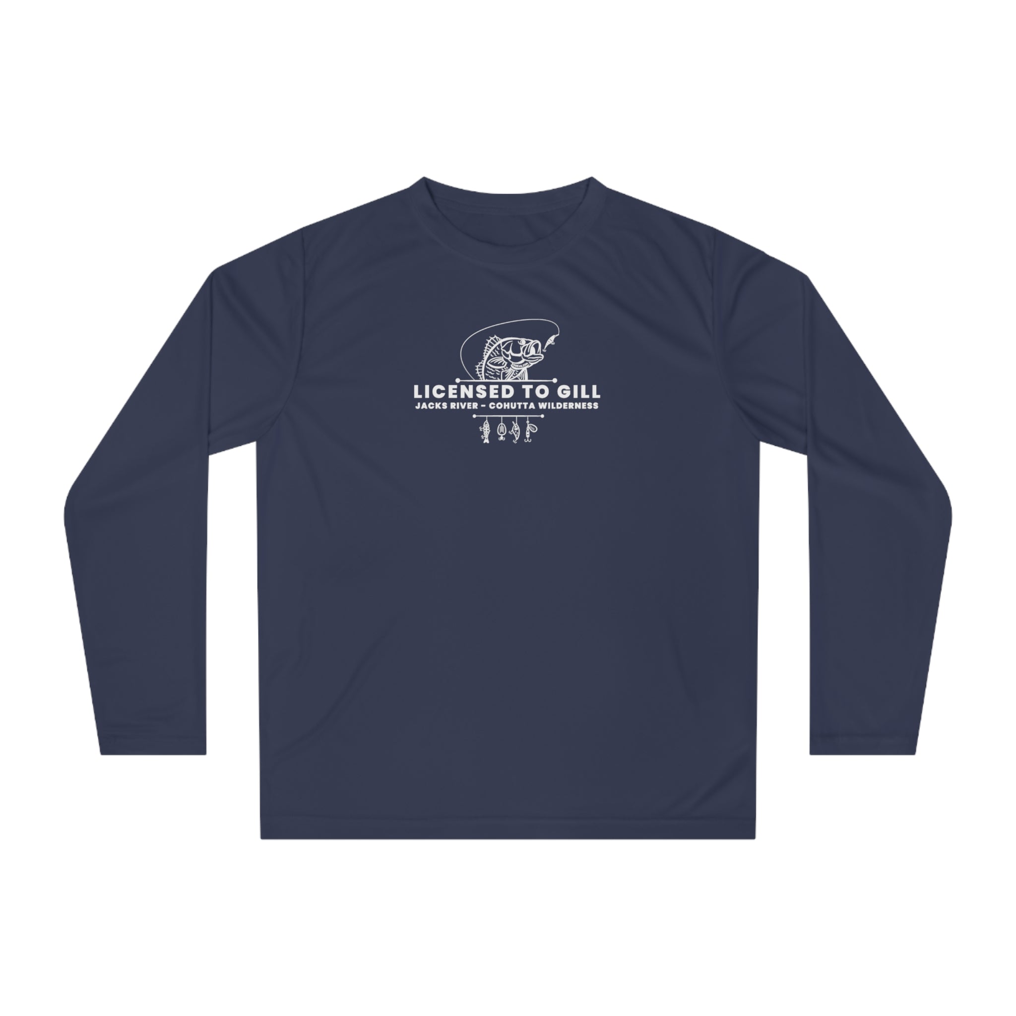 Navy long-sleeve shirt with 'Licensed to Gill' text and fishing graphic on a white background