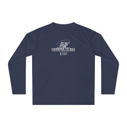 Navy long-sleeve shirt with 'Licensed to Gill' text and fishing graphic on a white background