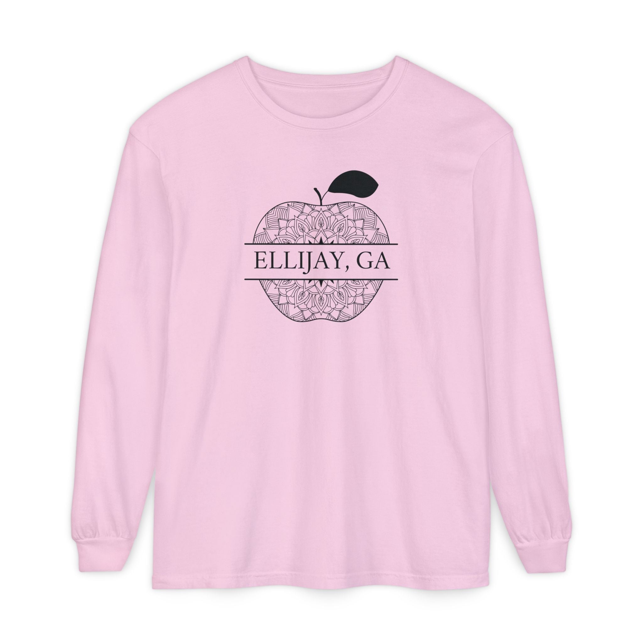 Pink Comfort Color long sleeve t-shirt with an apple design and 'Eliijay, GA' text 