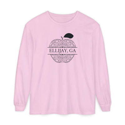 Pink Comfort Color long sleeve t-shirt with an apple design and 'Eliijay, GA' text 